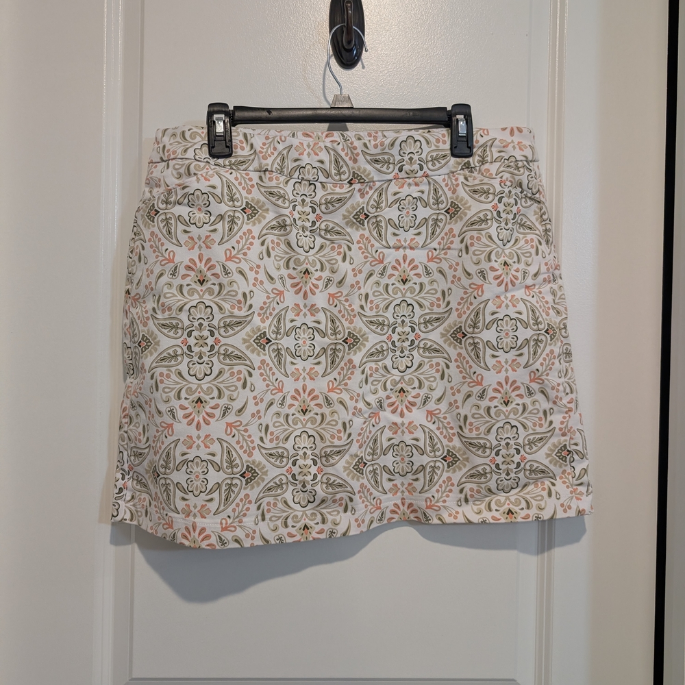 croft & barrow Cream Mini Skirt with Olive and Coral Medallion Print